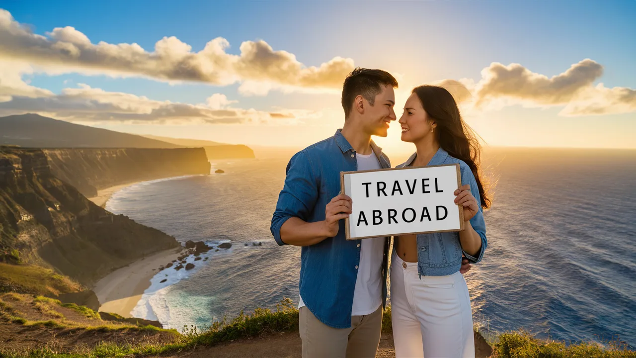 Man and women grap a board of travel abroad