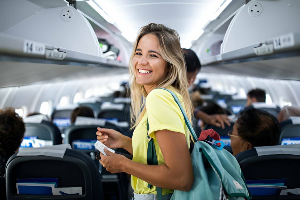 Happy woman boarding the airplane and looking at camera