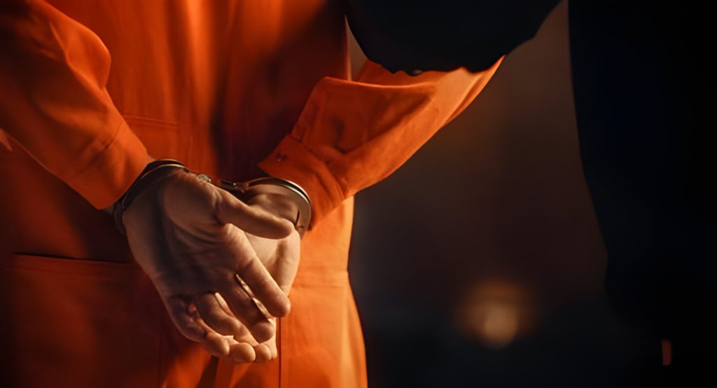 Arrested Handcuffed Convict at a Law and Justice Court Trial. Handcuffs on Accused Criminal in Orange Jail Jumpsuit. Law Offender Sentenced to Serve Jail Time.
